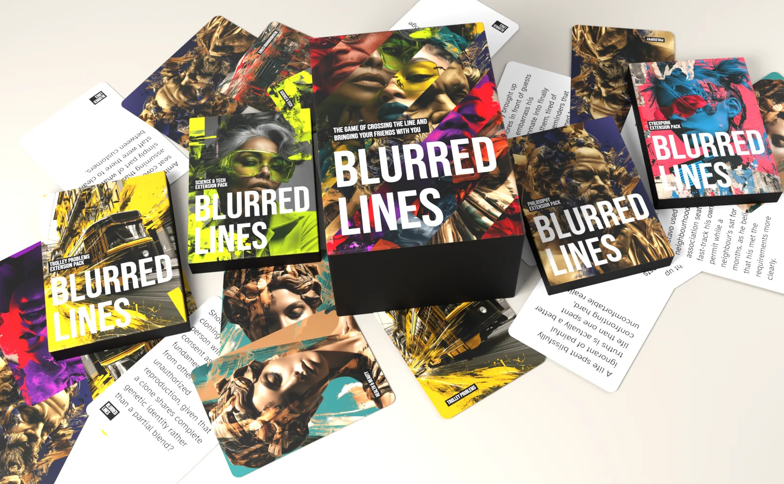 The Blurred Lines box surrounded by expansion set boxes and scattered cards